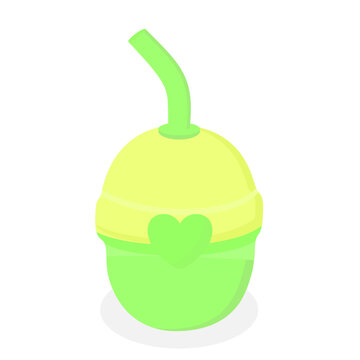 Cute mini green and yellow water bottle with a green straw and heart decoration, suitable for children, school, kids products, packaging, lifestyle, and drink themed designs