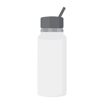 Silver sports water bottle with a black cap and practical design, suitable for sports, fitness, hiking, picnics, outdoor activities, travel, and lifestyle themed designs