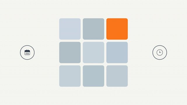 Nine grey square tiles, one orange square tile, two circular navigation buttons suitable for website design and digital applications.