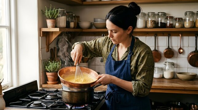 Focused woman in blue apron whisking sauce in copper bowl over double boiler in rustic kitchen setting.