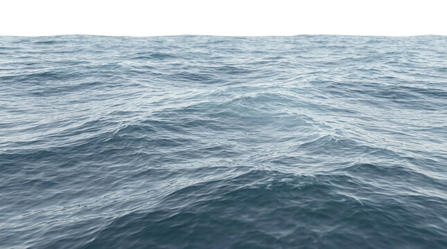 Ampia veduta panoramica della superficie dell'oceano con onde blu scuro in movimento, cielo bianco luminoso sullo sfondo e spazio vuoto per il testo in un'atmosfera serena e naturale.
