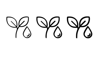 Obraz premium Minimalist eco plant sprout and water droplet icon vector set for organic care branding