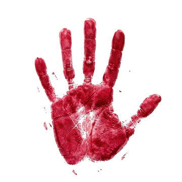 Red hand print paint mark on surface