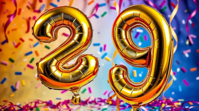 Birthday balloon number twenty nine, golden letter figure 29 celebration background AI Generative