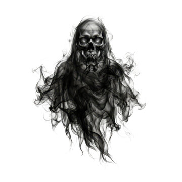 Scary ghost skull emerging from black ink smoke and dark fog