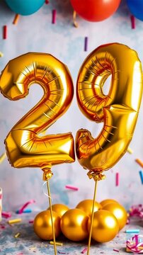 Birthday balloon number twenty nine, golden letter figure 29 celebration background AI Generative