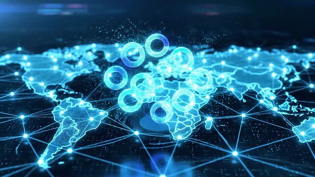 Abstract global network map with glowing digital nodes.