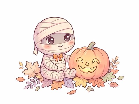 Cute cartoon mummy sitting with a smiling jackolantern pumpkin.