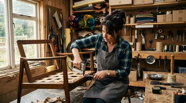 Female professional artisan restoring a wooden chair using a pneumatic staple gun in a cozy workshop filled with textile rolls and craft tools for furniture renovation.