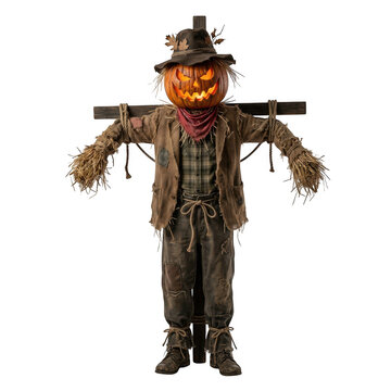 Spooky scarecrow with a glowing jack o lantern pumpkin head for halloween