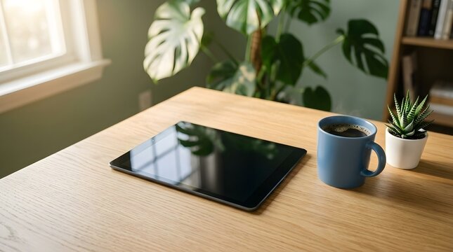 Modern minimalist workspace with generic digital tablet, blue coffee mug, and succulent on wooden desk, featuring soft sunlight and monstera plant for a remote work or home office lifestyle.