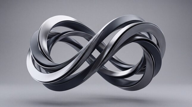 Abstract metallic infinity symbol loop shape with smooth curves and modern design elements isolated on light gray background