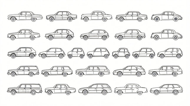 Classic Car Body Type Line Art Doodle Illustration Set Hand Drawn Sedan Silhouette Hatchback Shape Station Wagon Long Car Side View Profile Black Contour Strictly Textless White Background