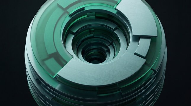 Abstract industrial circular metal and glass mechanism with deep geometric rings