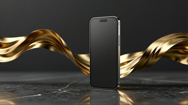 Golden ribbon swirls around sleek smartphone on reflective dark surface.