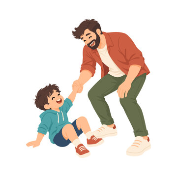 Father sitting on the floor and talking with his daughter in a warm family bonding illustration