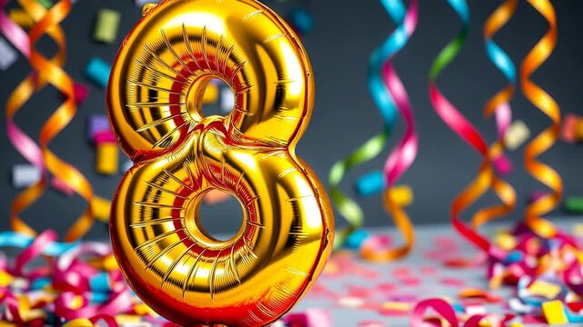 Birthday balloon shape number eight, golden letter figure 8 on celebration background AI Generative