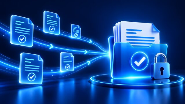 Glowing digital folder receiving multiple document icons through light trails symbolizing secure data transfer