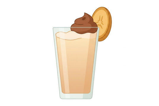 Illustrazione vettoriale di un frullato alla banana in un bicchiere di vetro, decorato con crema al cioccolato e una fetta di banana sul bordo, isolato su sfondo bianco.