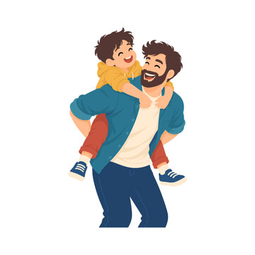 Father carrying his smiling son on his back during a playful family bonding moment illustration