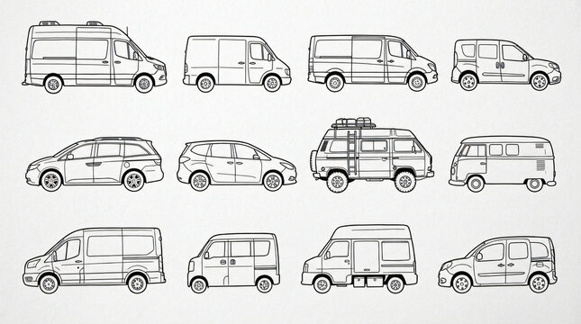 Commercial Van Minivan Car Body Type Line Art Doodle Graphic Collection Hand Drawn Cargo Panel Delivery Truck Multi Purpose Side Profile View Black Ink Strictly Textless White Background