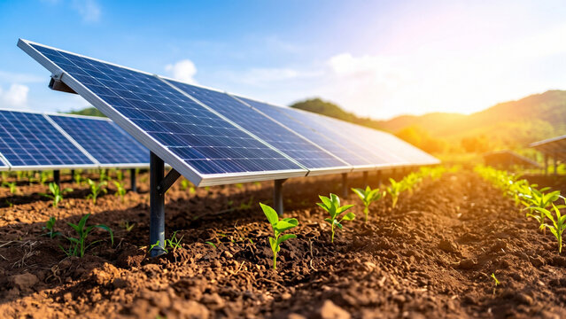 Sustainable agrivoltaics system with solar panels on a farm, showcasing clean energy production alongside young green crops growing in fertile soil.