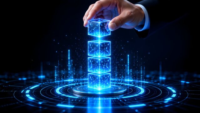 Hand stacking glowing digital cubes on futuristic platform representing blockchain and network infrastructure