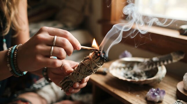 Woman lighting a sage smudge stick for spiritual cleansing ritual in a cozy room.