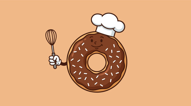 Cartoon illustration of a happy chocolate donut character wearing a white chef hat and holding a kitchen whisk, featuring white sprinkles and a smiling face on a peach background.