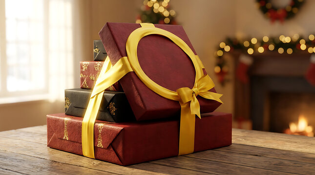 Wrapped gift boxes with golden ribbons on wooden table