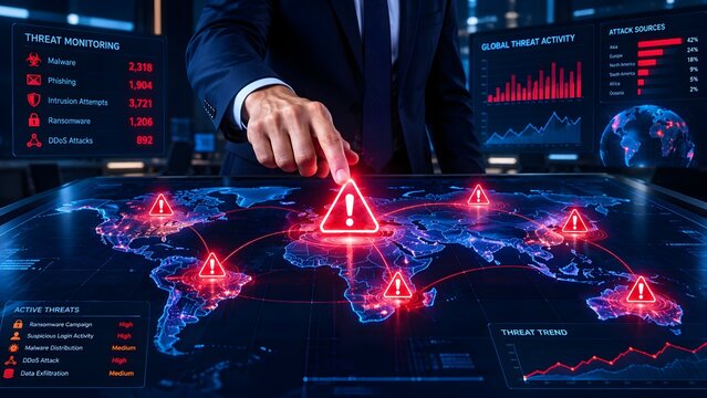 Businessman pointing at red warning alert on digital world map displaying global cyber attack and threat monitoring