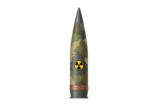 Un proiettile militare con motivo mimetico e simbolo di pericolo radioattivo su sfondo bianco, rappresentazione grafica di una testata nucleare tattica o munizione speciale per scopi di difesa.