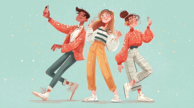Three young people take selfies together in a colorful setting while enjoying their time together in a cheerful moment
