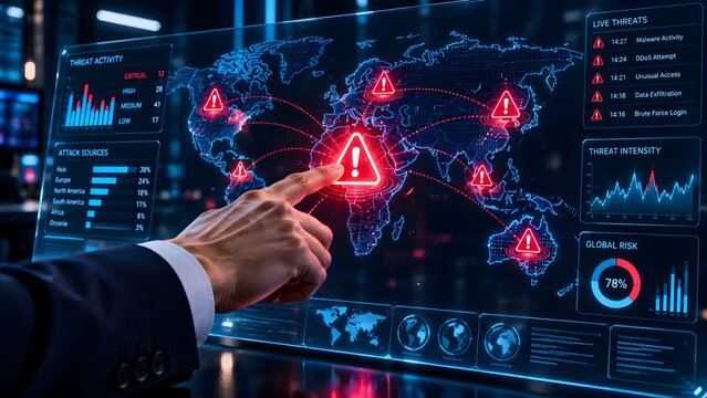 Hand touching digital world map dashboard showing global cyber attack alerts and threat monitoring charts