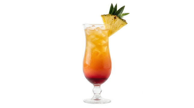 Un cocktail tropicale colorato servito in un bicchiere hurricane con ghiaccio e una fetta di ananas fresca come guarnizione, isolato su sfondo bianco per una presentazione pulita e professionale.