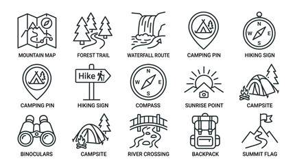 Fototapeta premium Outdoor Adventure Icons: Camping, Hiking, Map, Compass, Backpack, Summit, Forest, Waterfall, Binoculars