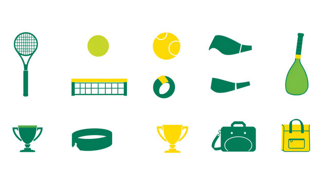 Tennis equipment icons set featuring green and yellow rackets balls and cups