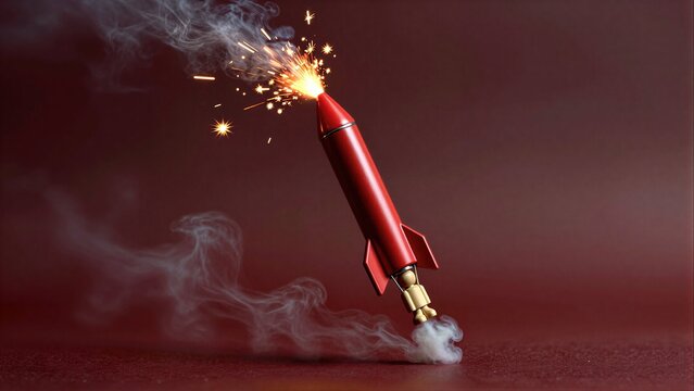 Red rocket launches with sparks, tiny figure in smoke against a deep red backdrop.