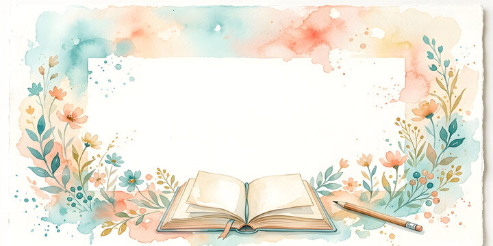 Watercolor floral background with open book and pencil. Colorful botanical illustration frame. Peach and blue hand-painted vectors. Back to school design. Washed ink artistic banner