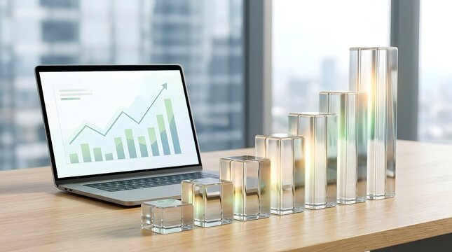Laptop displaying a rising financial bar chart with transparent glass blocks arranged in a growth sequence on a wooden table