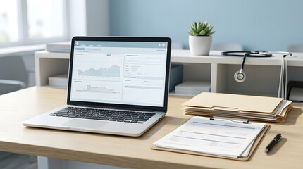 Fototapeta premium Laptop displaying medical data charts on a wooden desk with a stethoscope, manila folders, and a clipboard in a clinic office setting