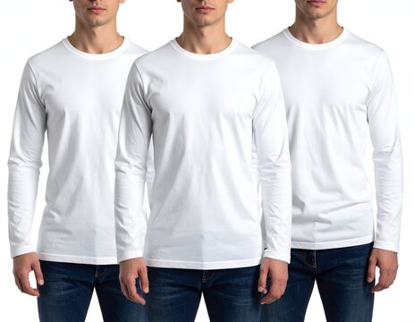 Three men in plain white long-sleeved shirts and blue jeans, isolated on white