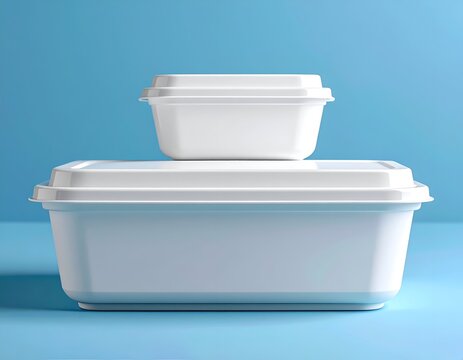Two white, rectangular containers, one stacked atop another, against a bright blue backdrop