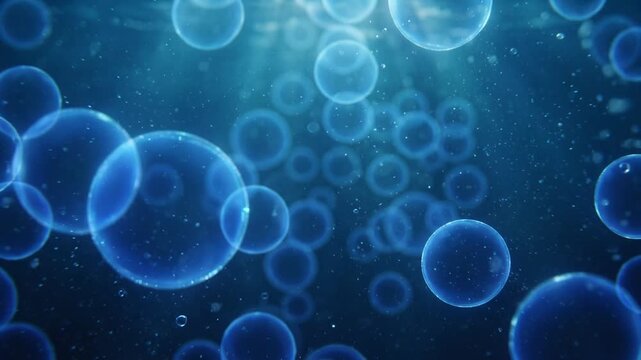 Sapphire blue soft-focus circles drift through layered depth with cool diffused light, creating an energetic underwater-inspired abstract background with smooth seamless motion.