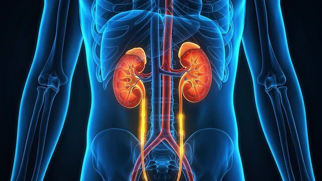 3D medical illustration of the human kidney anatomy showing glowing pulses traveling through the ureters within a transparent body