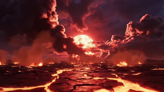 Dramatic volcanic sunset over a molten lava sea with billowing crimson clouds