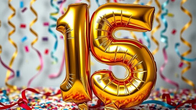 Birthday balloon shape number fifteen golden letter figure 15 celebration background AI Generative