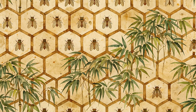 Vintage Bamboo and Bee Honeycomb Pattern Generative AI