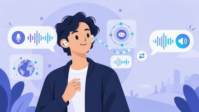 Man wearing wireless earbuds using ai voice translation technology