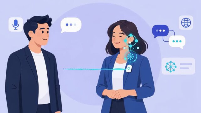 Man and woman communicating using AI translation badge in vector